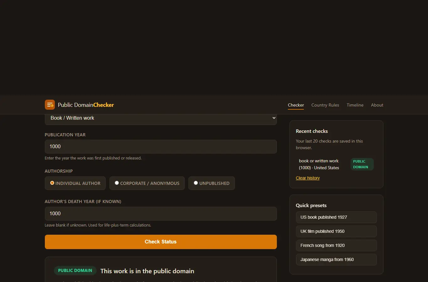 Screenshot of Public Domain Status Checker interface showing the project page in use